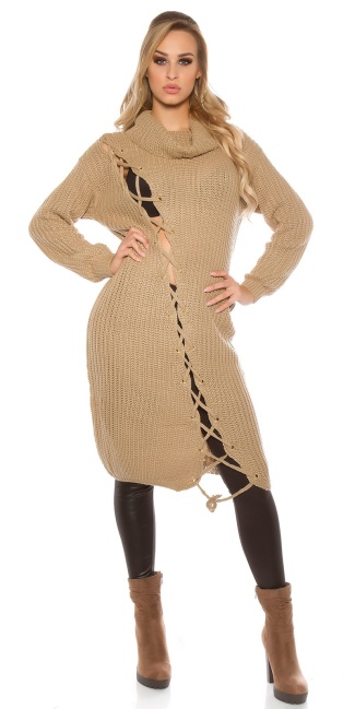 Trendy chunky knit dress with XL collar Cappuccino